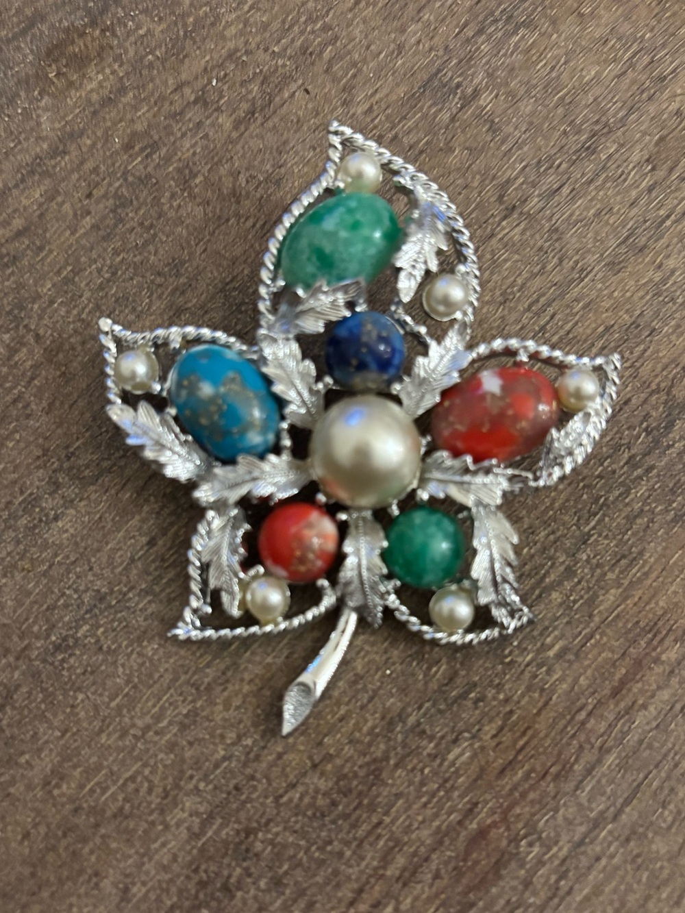 Sarah Coventry Multicolor Faux Gem Leaf Brooch with Pearl